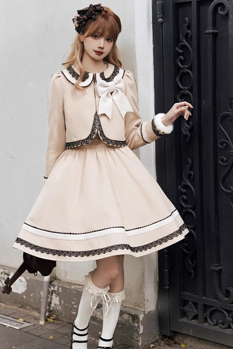 Light Tan Doll Collar Bowknot Autumn Winter Sweet College Style Lolita Dress Two Piece Set