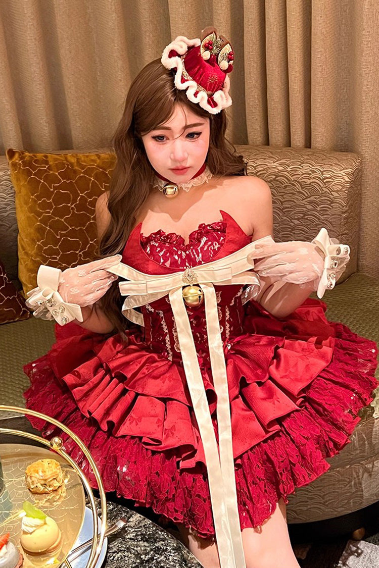 Red Holiday Lovers Sleeveless Triple-Layered Ruffle Hollow Bowknot Lace-Up Princess Ballet Sweet Lolita Dress