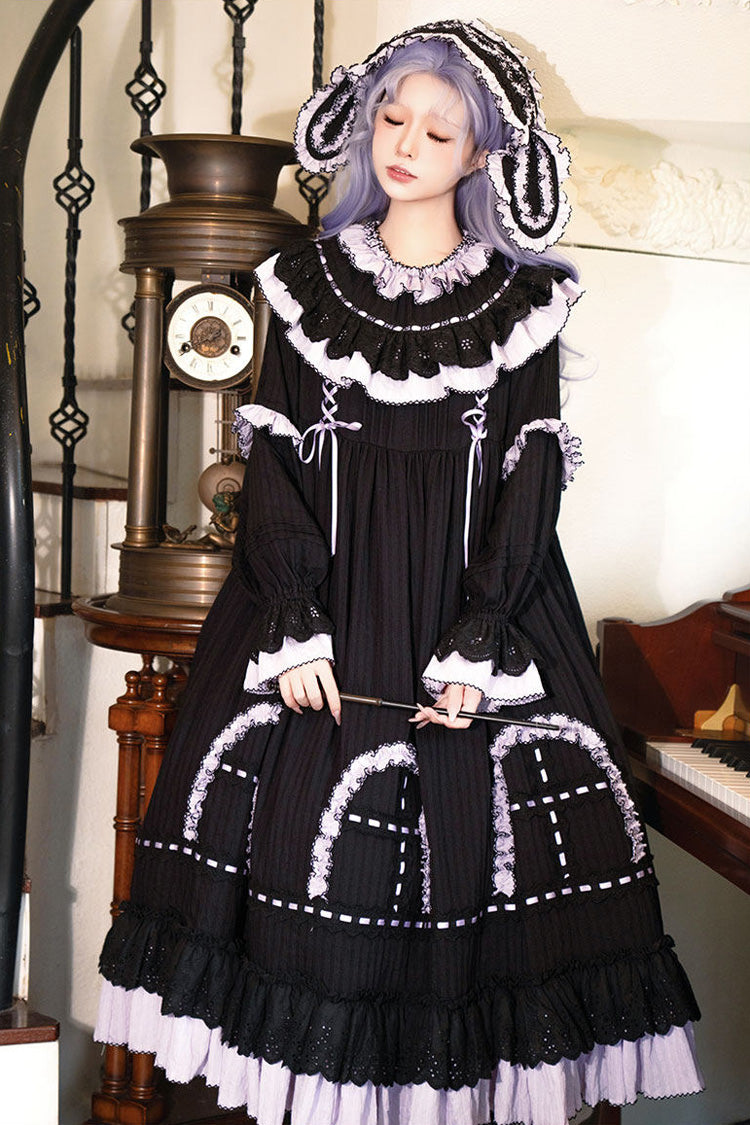 Black Twin Lilian Round Collar Long Sleeves Double-Layered Ruffled Bow Lace-Up Gothic Lolita Dress