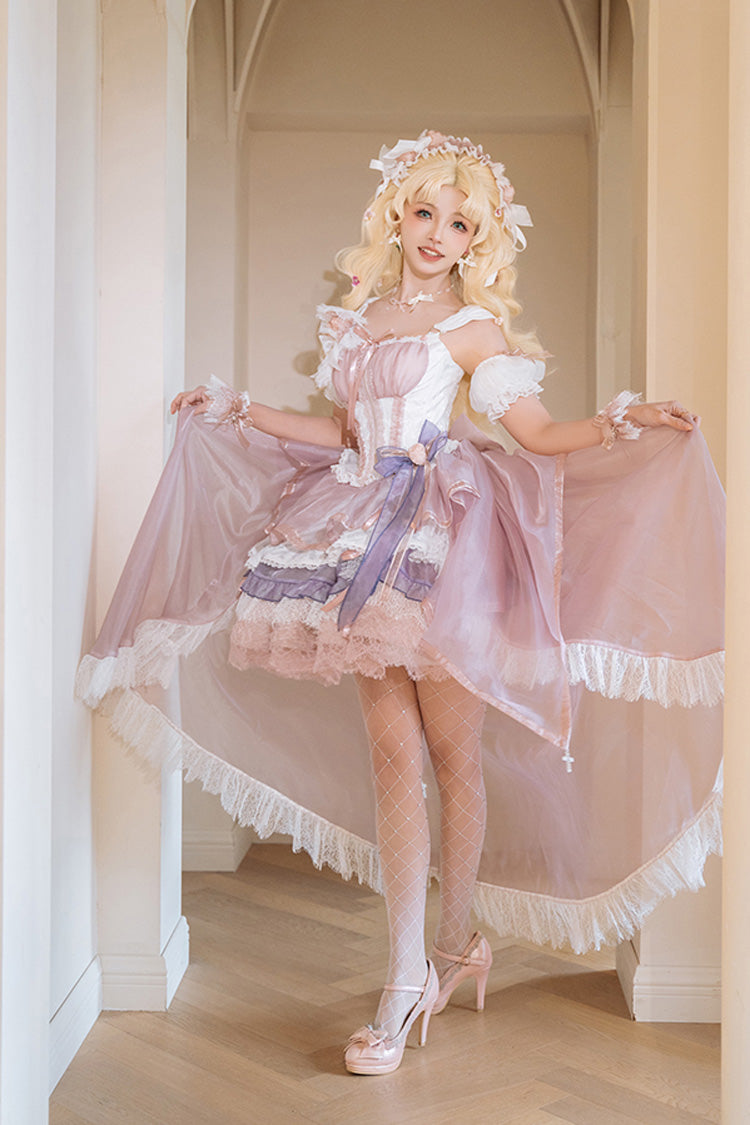 Pink/Purple Rose Memoirs Sleeveless Multi-Layered Bowknot Lace Sweet Lolita Skirt Set
