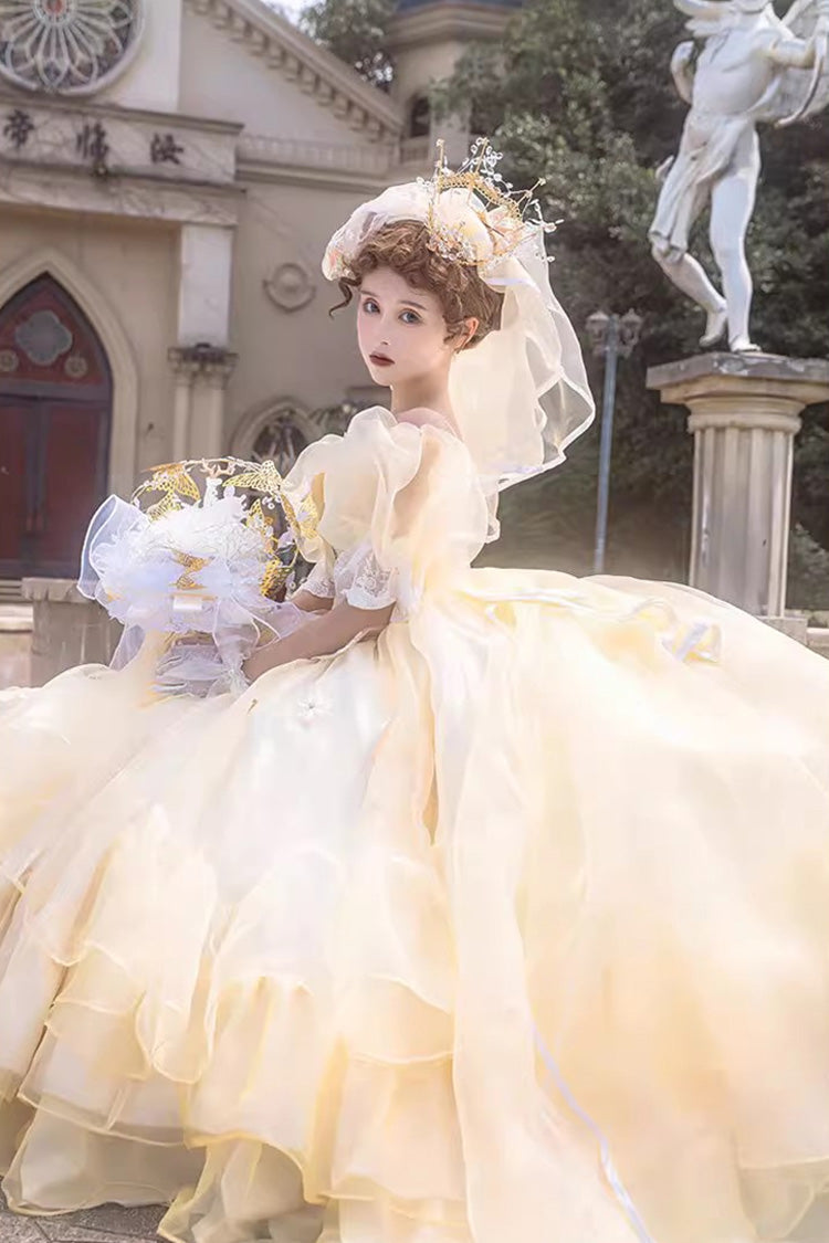 Yellow Off Shoulder Short Sleeves Triple-Layered Ruffle Hanayome Bowknot Lace Sweet Plus Size Lolita Dress