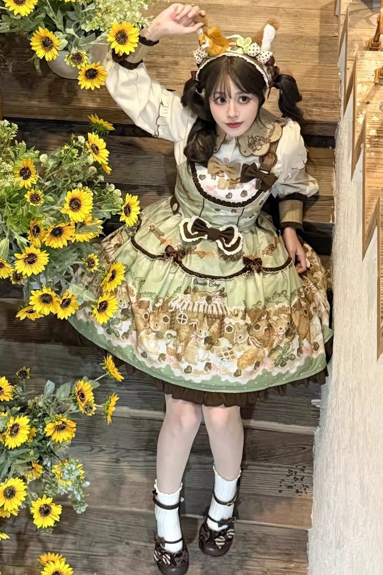 Green Squirrel Chocolate Shop Sleeveless Printed Ruffled Bow Sweet Lolita JSK Dress with Blouse