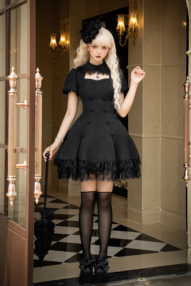 Black Midnight Whisper Double-breasted Short Sleeves Hollow Gothic Lolita Dress