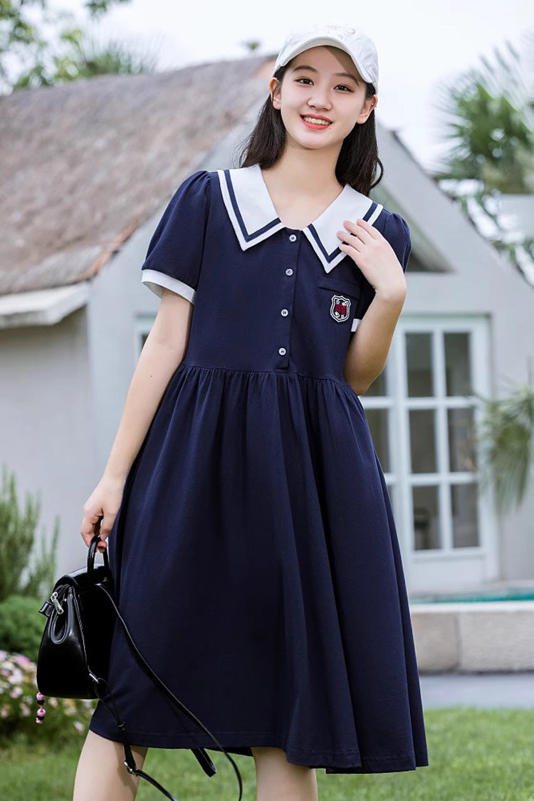 Sweet Short Sleeves High Waisted College Style Lolita Dress 2 Colors
