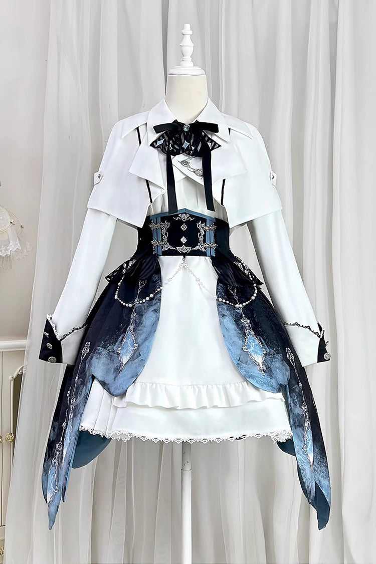 White/Blue Gradient Print Ruffle Cardigan Pearl Sweet College British Knight Style Handsome Lolita Dress Set