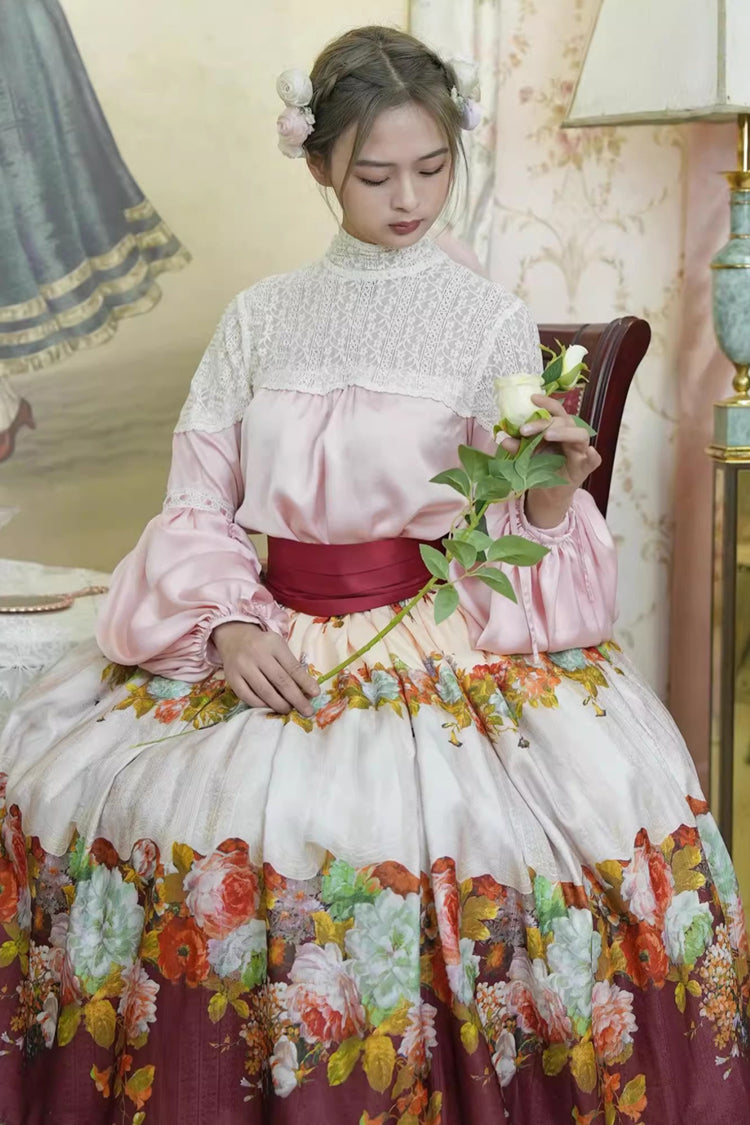 Red Rainy Season Garden Print Ruffle Sweet Classic Lolita Skirt