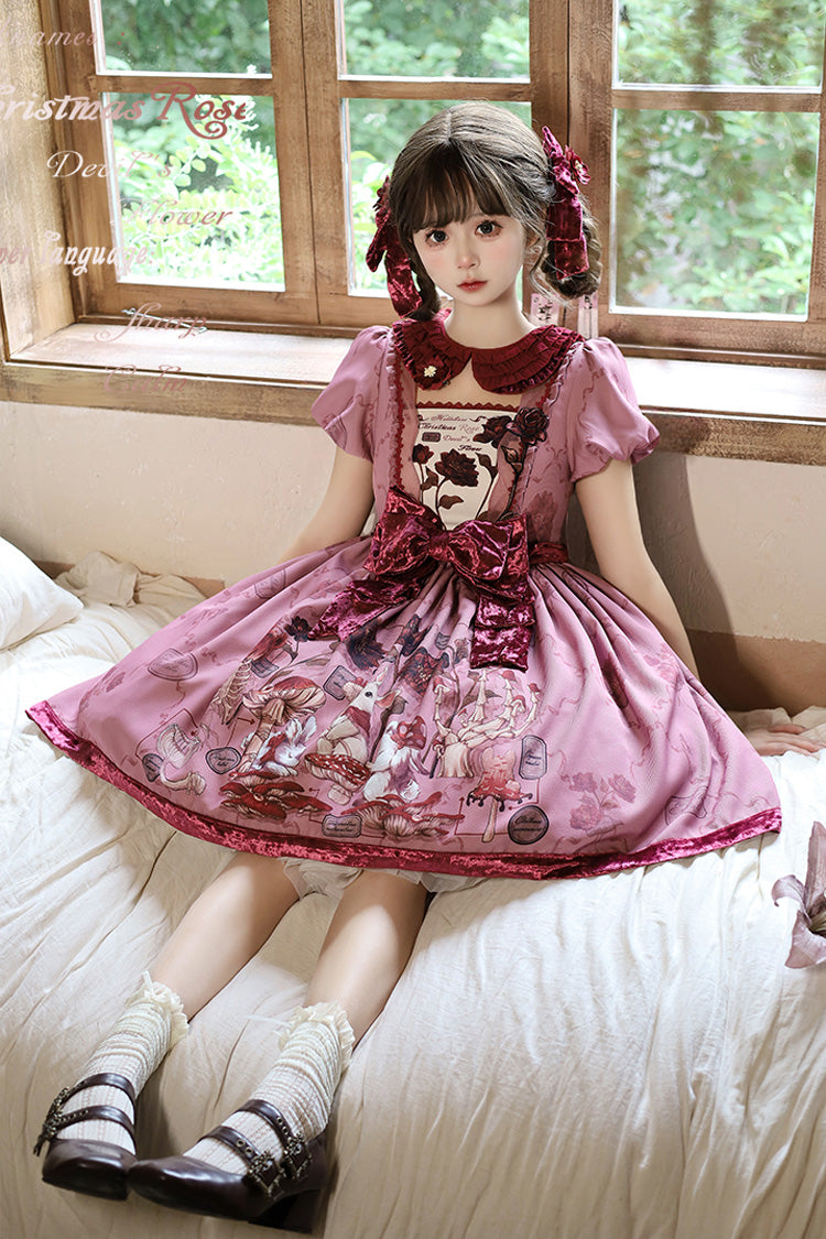 Red Short Sleeves Rabbit Sunflower Print Ruffle Embroidery Bowknot Sweet Lolita Dress