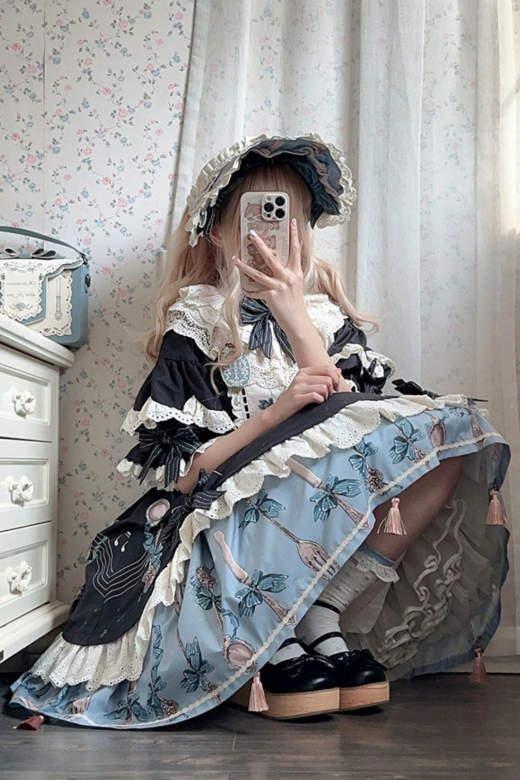 Dark Blue The Witch's Banquet Round Collar Short Sleeves Printed Ruffled Embroidered Bow Asymmetric Sweet Lolita Dress