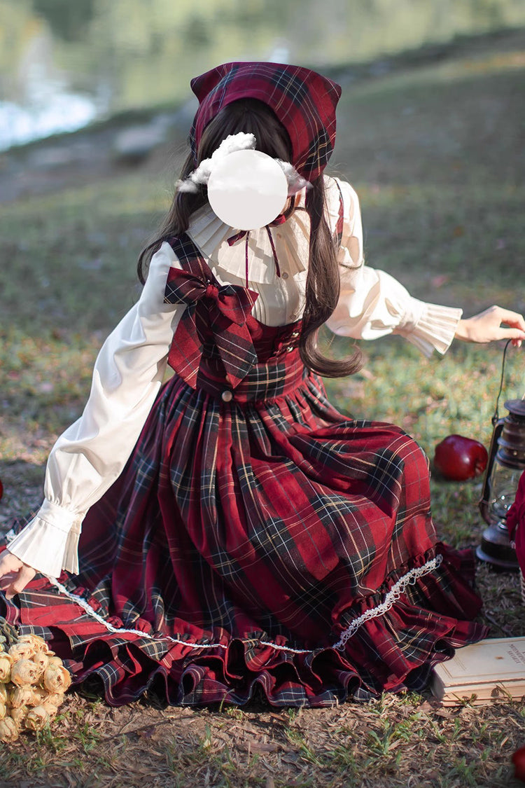 Red Little Red Riding Hood Double-Layered Plaid Print Ruffle Bowknot Sweet Vintage Lolita Jumper Dress