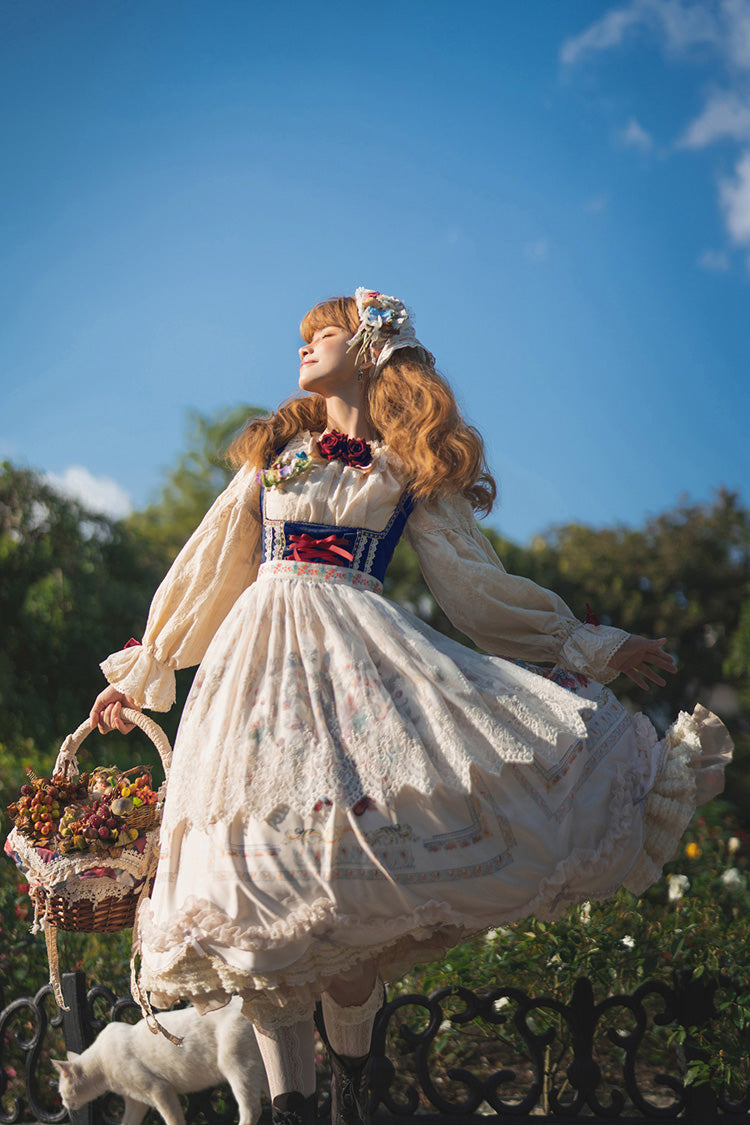 Ivory Ode to Plenty Berries and Birds Print Ruffle Bowknot Velvet Classic Lolita Breast Support Jsk Dress