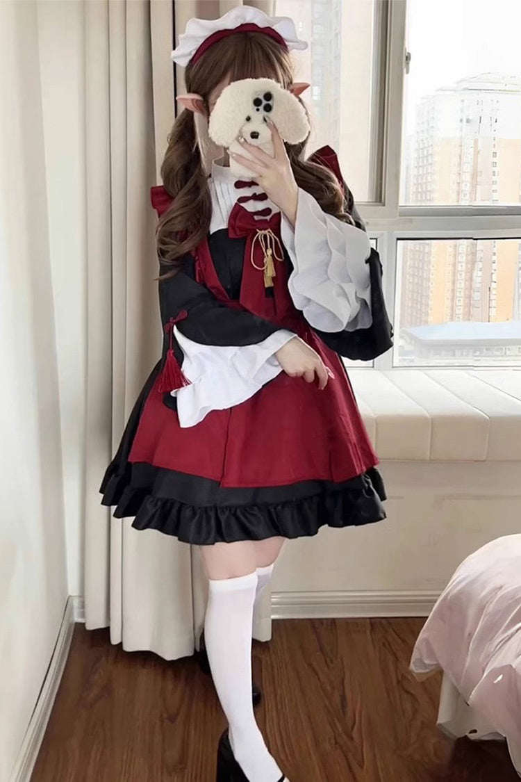 Black/Red Maid Long Trumpet Sleeves Ruffle Bowknot Classic Plus Size Chinese Style Lolita Dress Full Set