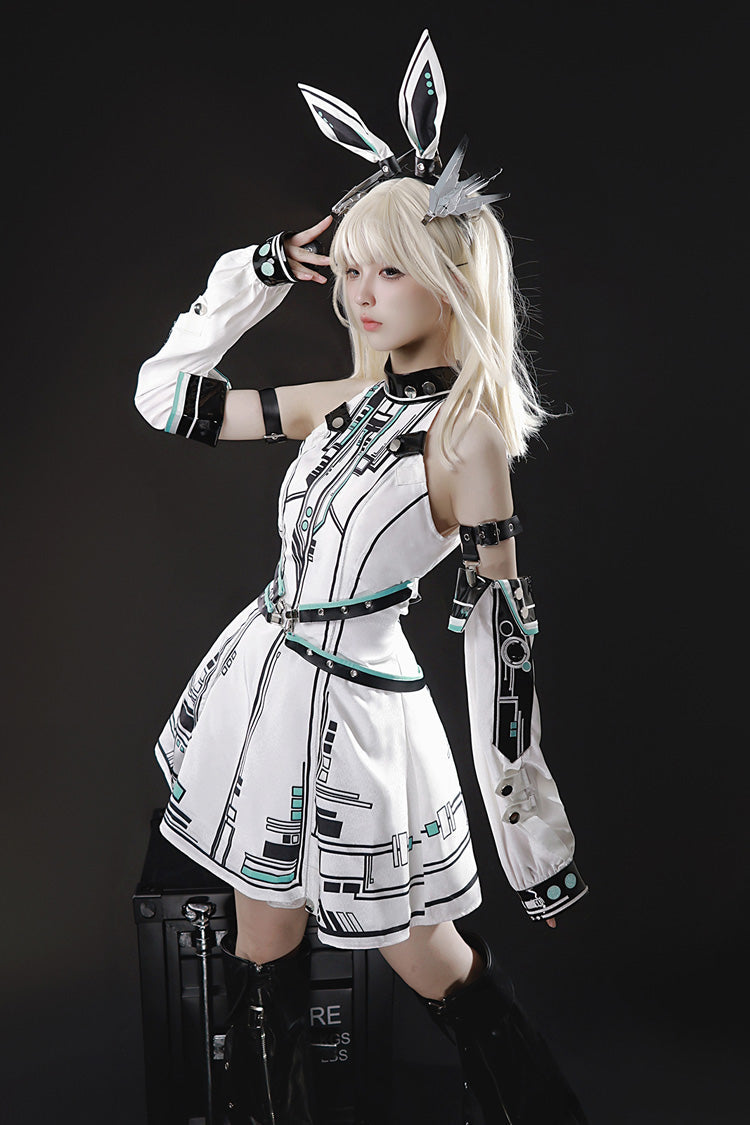 White Mecha Battle Maiden Stand Collar Print Futuristic Style Sweet Handsome Lolita Dress
