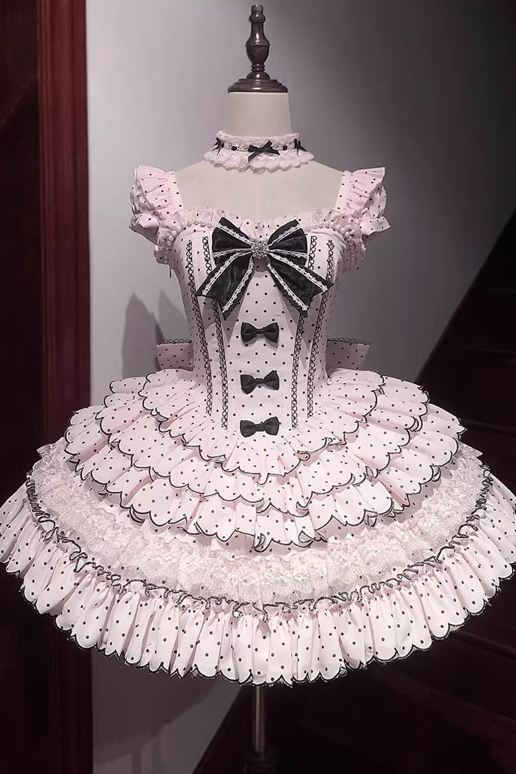 Pink Sleeveless Multi-Layered Polka Dots Printed Ruffled Bow Sweet Princess Lolita Jsk Dress