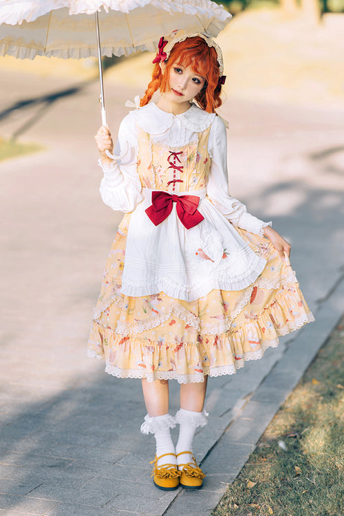 Yellow Pastoral Print Ruffled High Waist Sweet Lolita JSK Dress