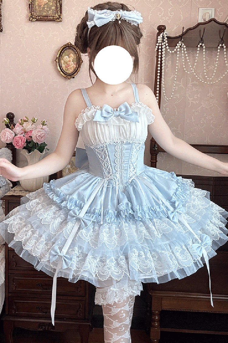 Blue Dance of Time Sleeveless Triple-Layered Ruffle Bowknot Lace Lace-Up Sweet Ballet Lolita Jsk Dress
