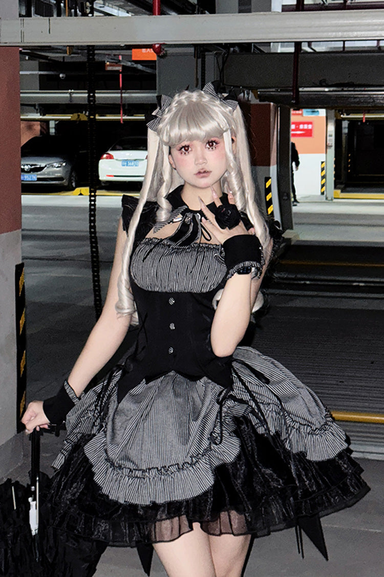 Grey Potions Sleeveless Triple-Layered Ruffle Bowknot Lace Gothic Lolita Dress 2 Colors