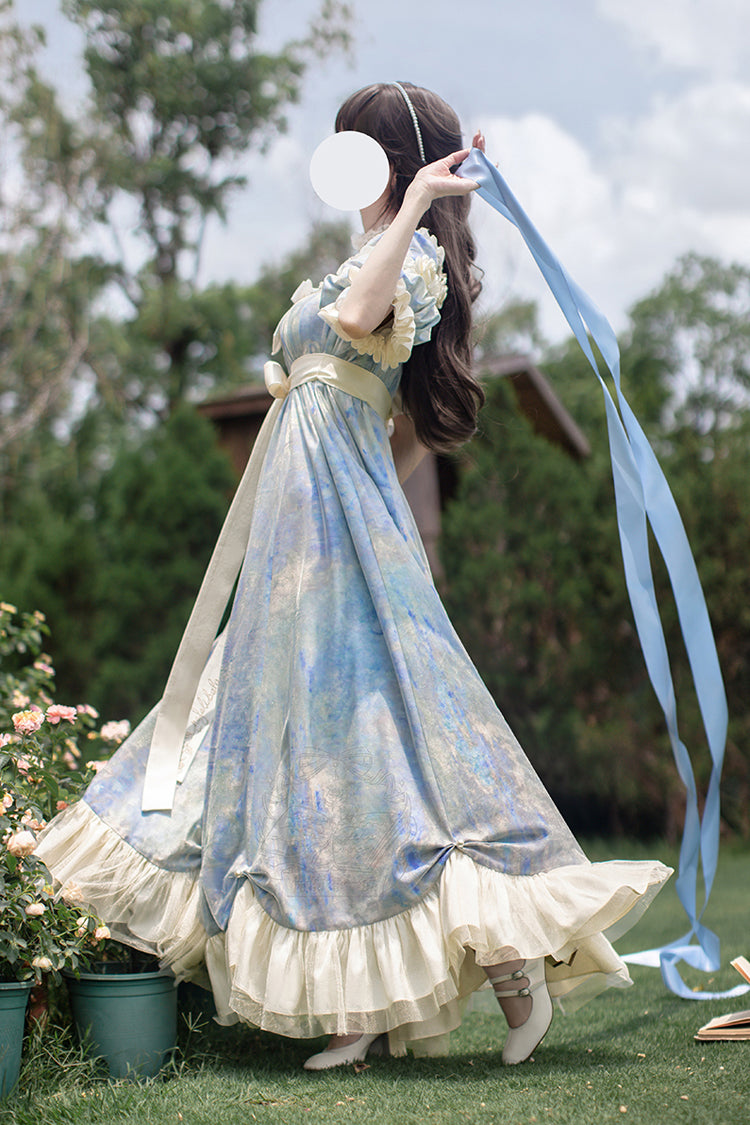 Blue Oil Painting Sun and Moon Poem Short Sleeves Print Ruffle Bowknot Sweet Princess Lolita Dress