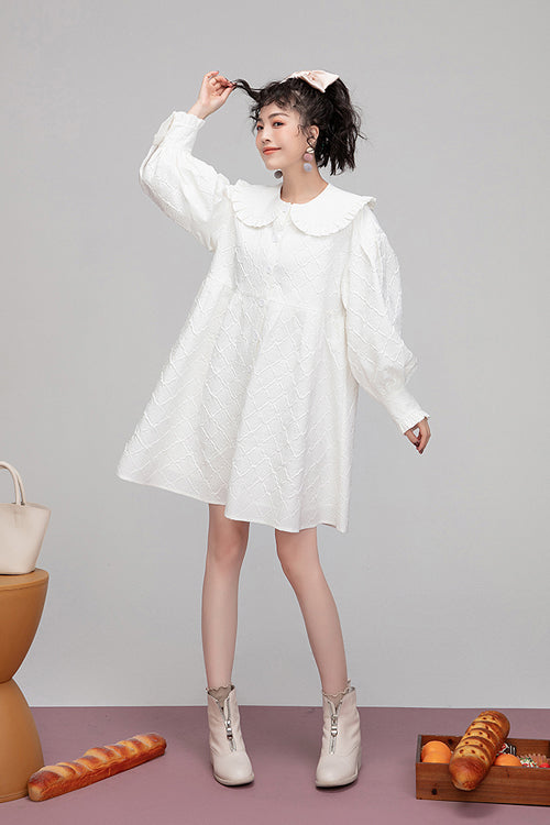 White Plaid Jacquard Cotton Doll Collar Puff Sleeve Lolita OP Dress
