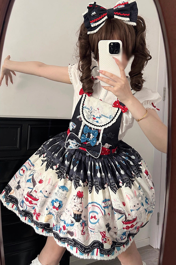Black Mystery Rabbit Tea Party Sleeveless Print Bowknot Lace Sweet Lolita Strap Dress