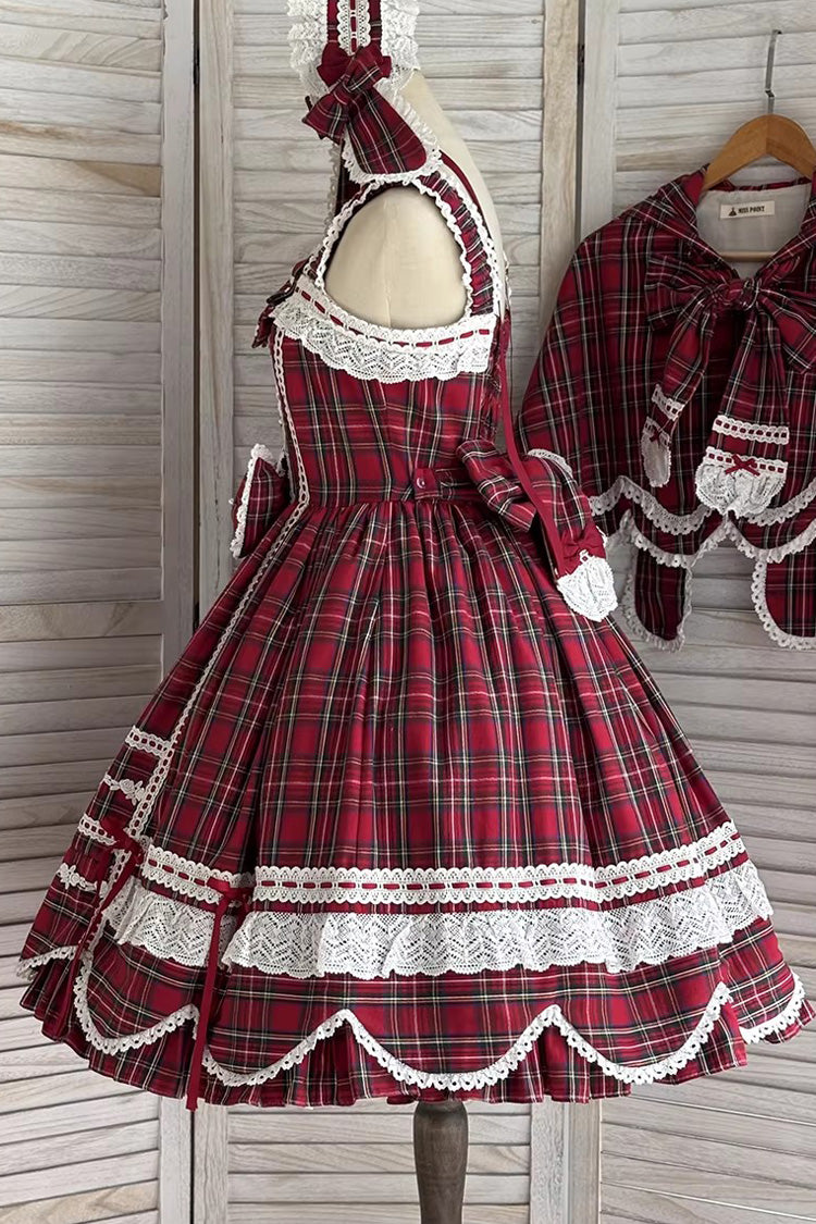 Red Gingham Petal Bunny Printed Ruffled Bow Sweet Lolita Jsk Dress