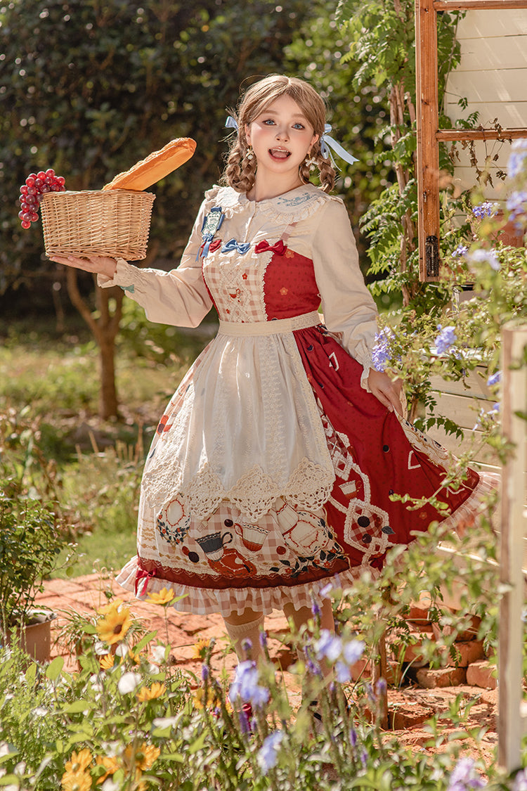 Red Tea Party Print Ruffle Bowknot Lace Sweet Elegant Lolita Jsk Dress