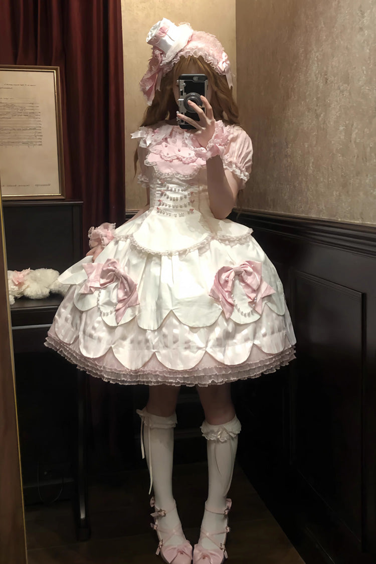 White/Pink Sleeveless Multi-Layered Ruffle Bowknot Lace Pearl Sweet Lolita Jsk Dress