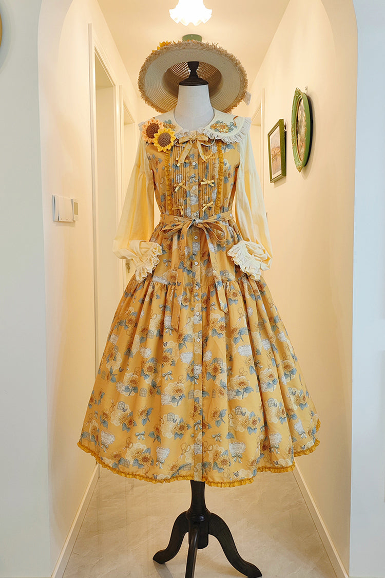Yellow Gardening Sunflower Sleeveless Print Ruffle Bowknot Sweet Elegant Lolita Jsk Dress
