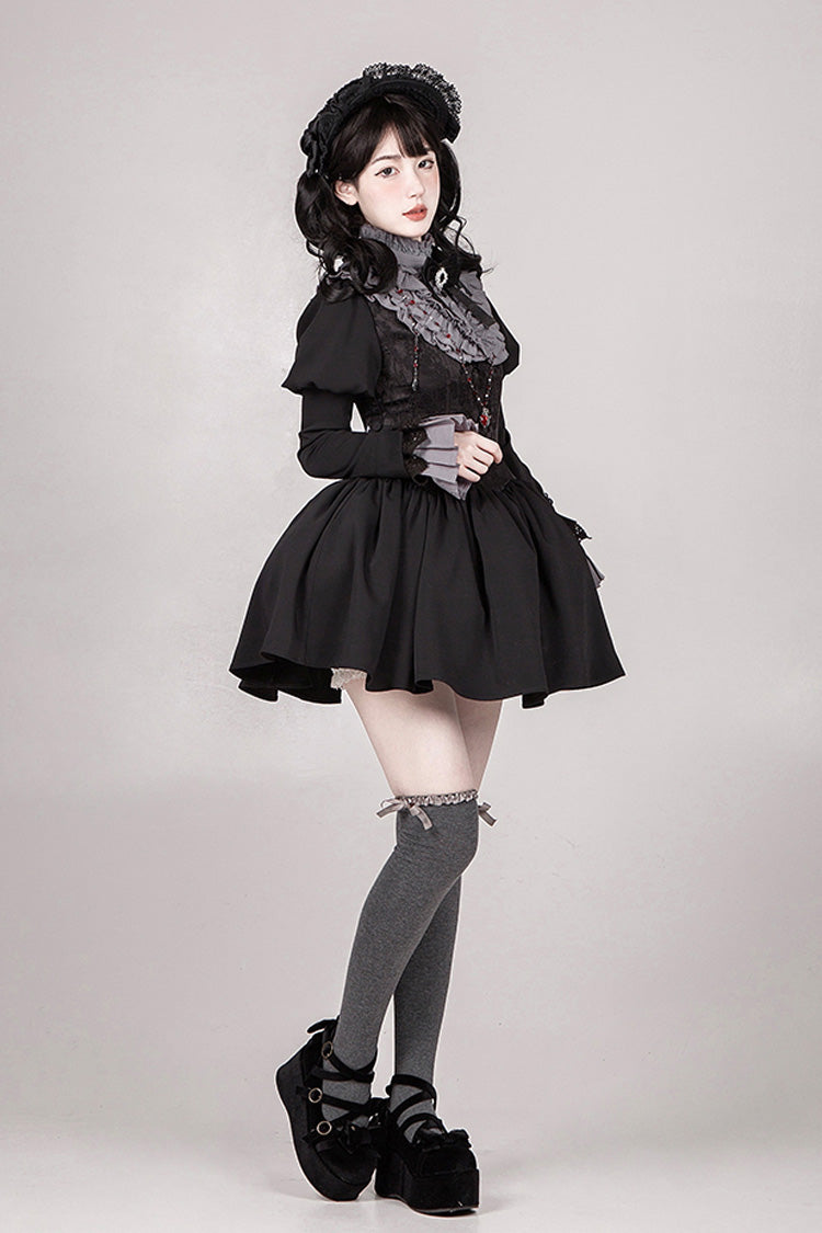 Black Old Testament Short Sleeves Ruffle Embroidery Bowknot Lace-Up Gothic Lolita Dress 2 Versions