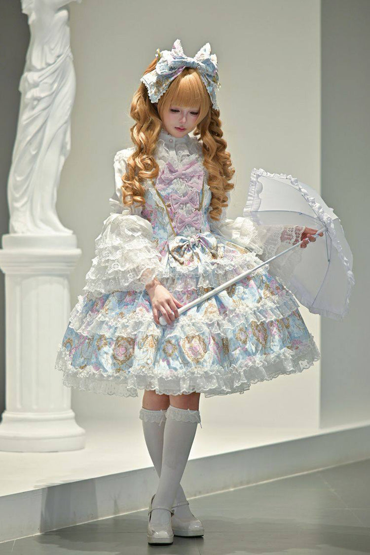 Blue Candelabrum Elegy Sleeveless Triple-Layered Flower Wall Printed Ruffled Bow Lace Sweet Lolita Jsk Dress