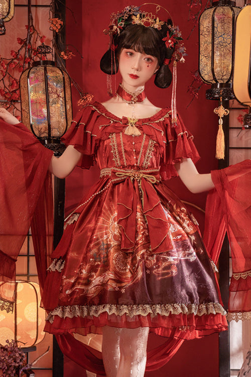 Round Collar Ruffled Short Sleeves Elegant Print High Waist Classic Lolita Dress