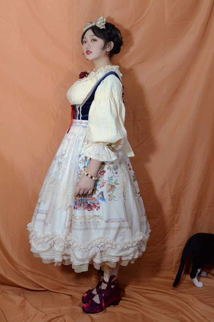 Ivory Ode to Plenty Berries and Birds Print Ruffle Bowknot Velvet Classic Lolita Breast Support Jsk Dress