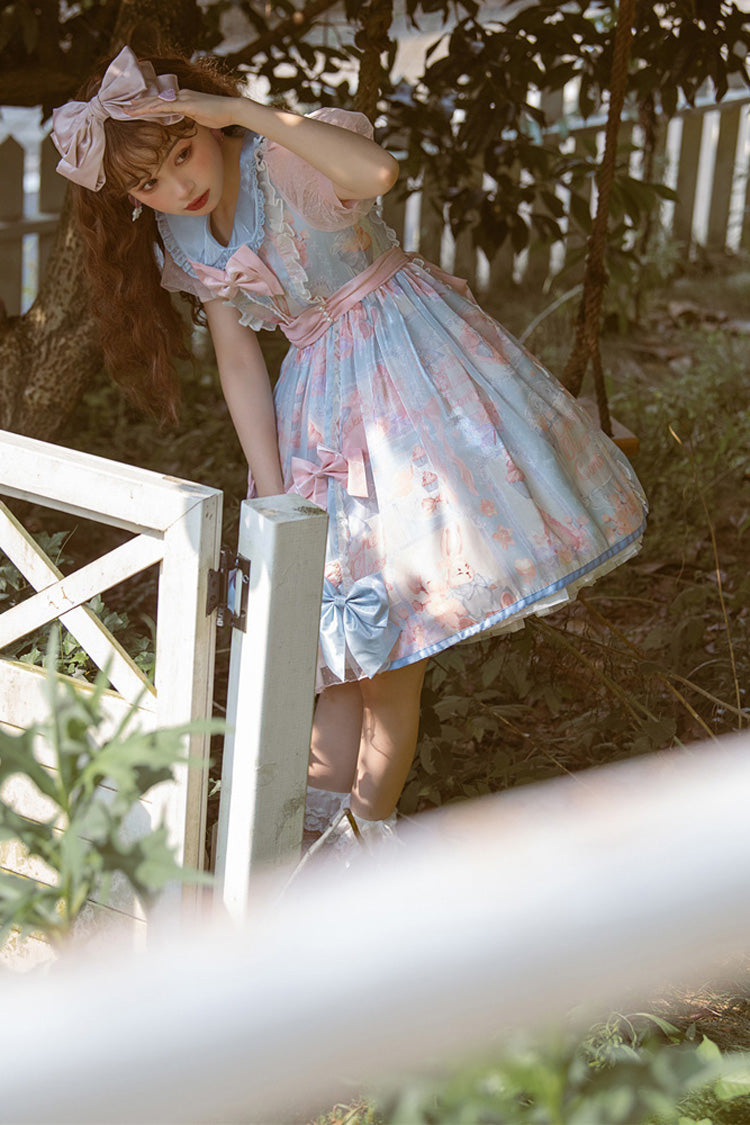 Pink/Blue Doll Collar Short Sleeves Rabbit Candy Paper Print High Waisted Sweet Lolita OP Dress