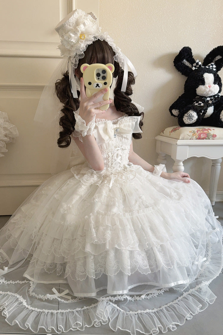 White Eternal Vow Sleeveless Multi-Layered Ruffle Hanayome Bowknot Lace Lace-Up Sweet Lolita Jsk Dress