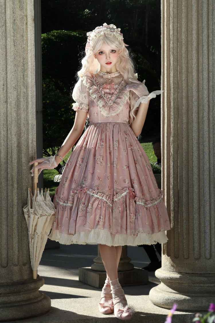 Daydream Rose Short Sleeves Floral Jacquard Print Ruffle Embroidery Bowknot Sweet Lolita Dress 3 Colors