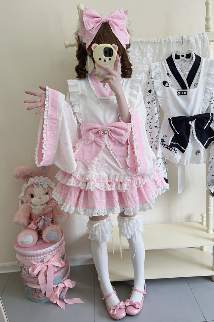 Pink/White Double-Layered Ruffle Bowknot Maid Sweet Lolita Skirt Set