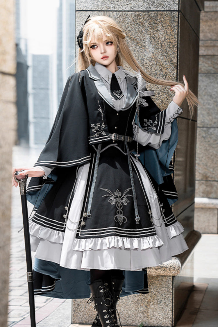 Black/Blue Dark Knight Contract Print Ruffle Gothic Military Elegant Lolita Skirt