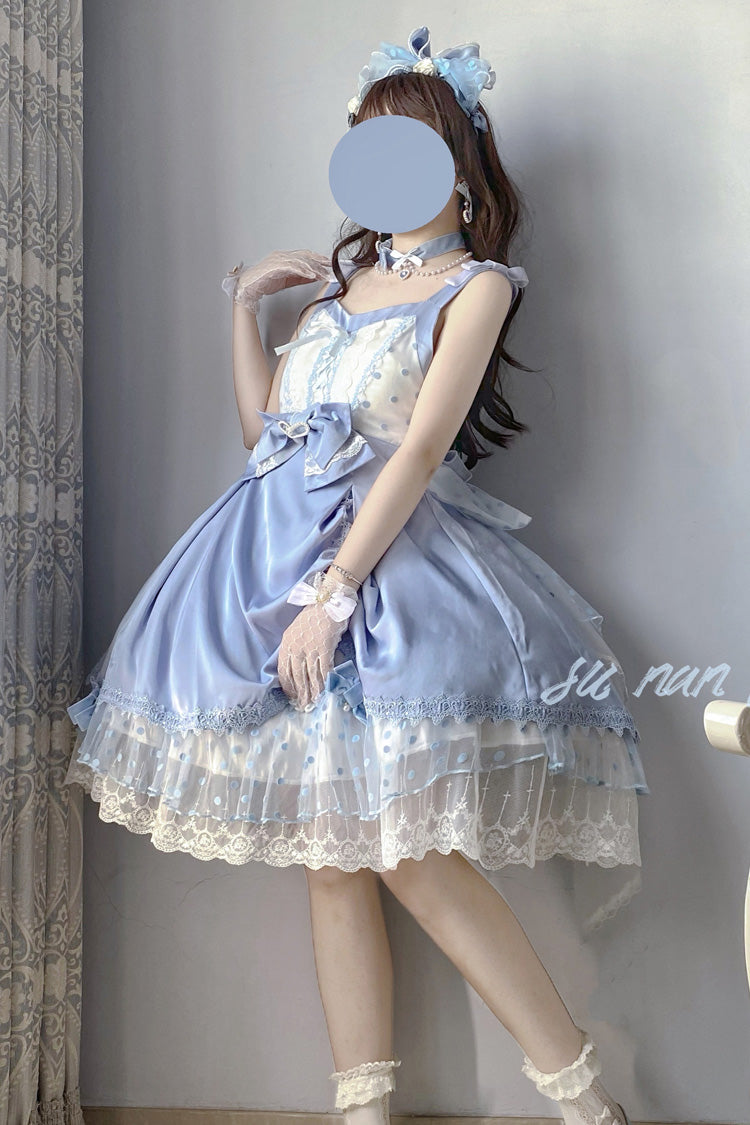 Blue Polka Waltz Sleeveless Print Bowknot Stitching Lace Sweet Lolita Jsk Dress