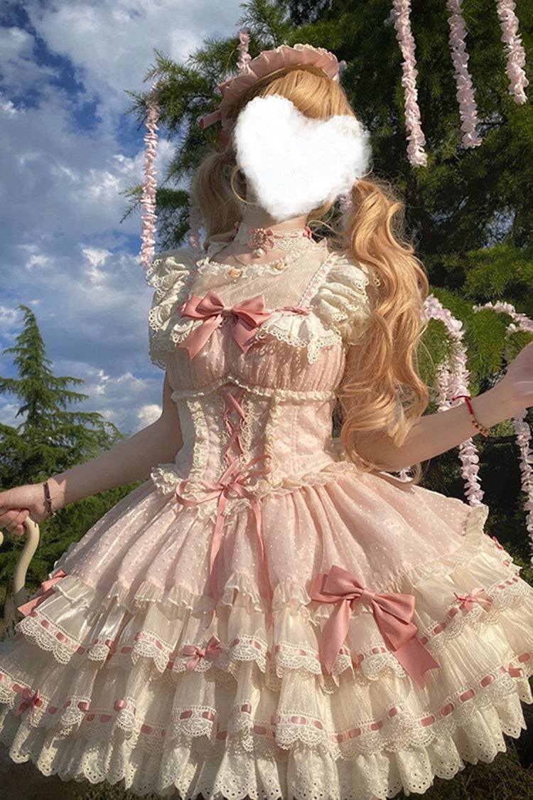 Pink Flory Butterfly Double-Layered Ruffle Bowknot Lace Lace-Up Sweet Ballet Lolita Jsk Dress
