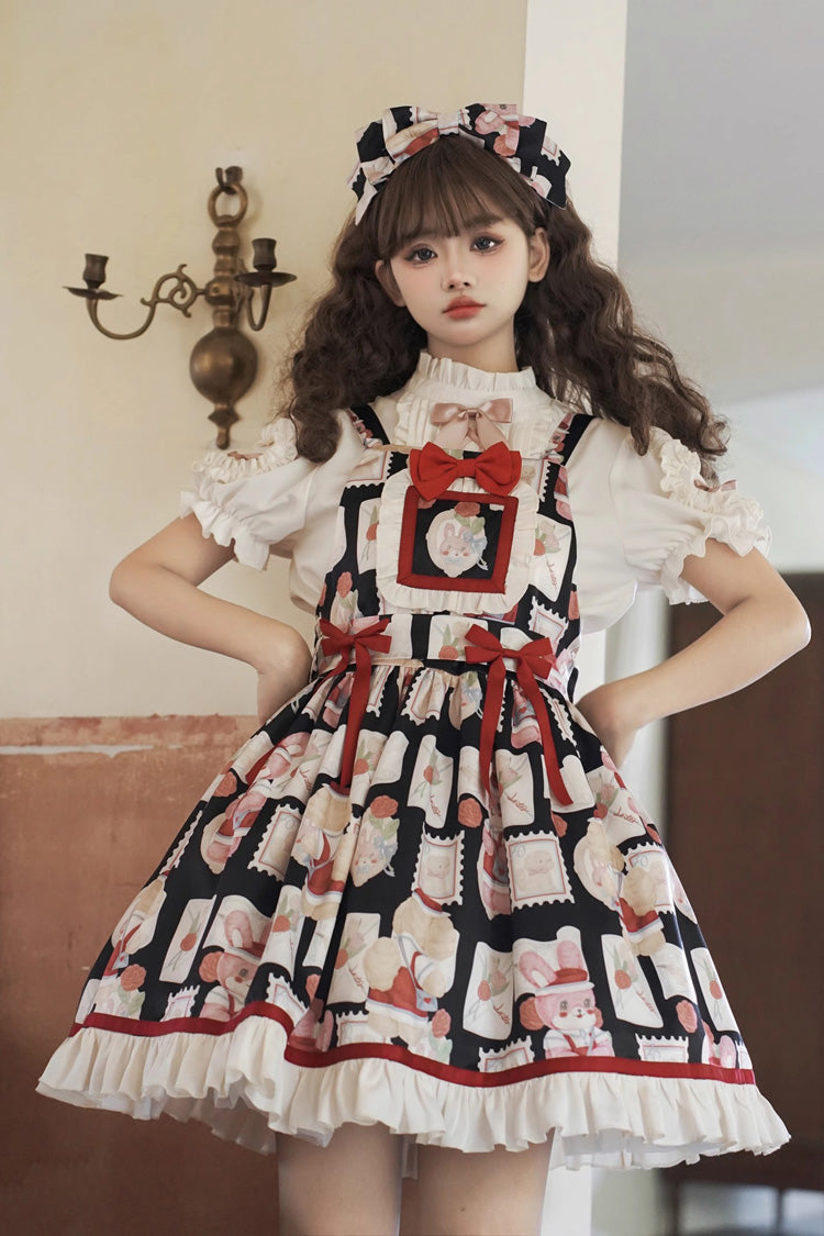Black Letter from Showa Rabbit and letter Print Ruffle Bowknot Sweet Princess Lolita Strap Dress
