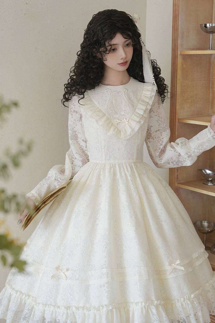 Ivory Flower Sound Long Sleeves Ruffle Cardigan Bowknot Lace Sweet Lolita Dress