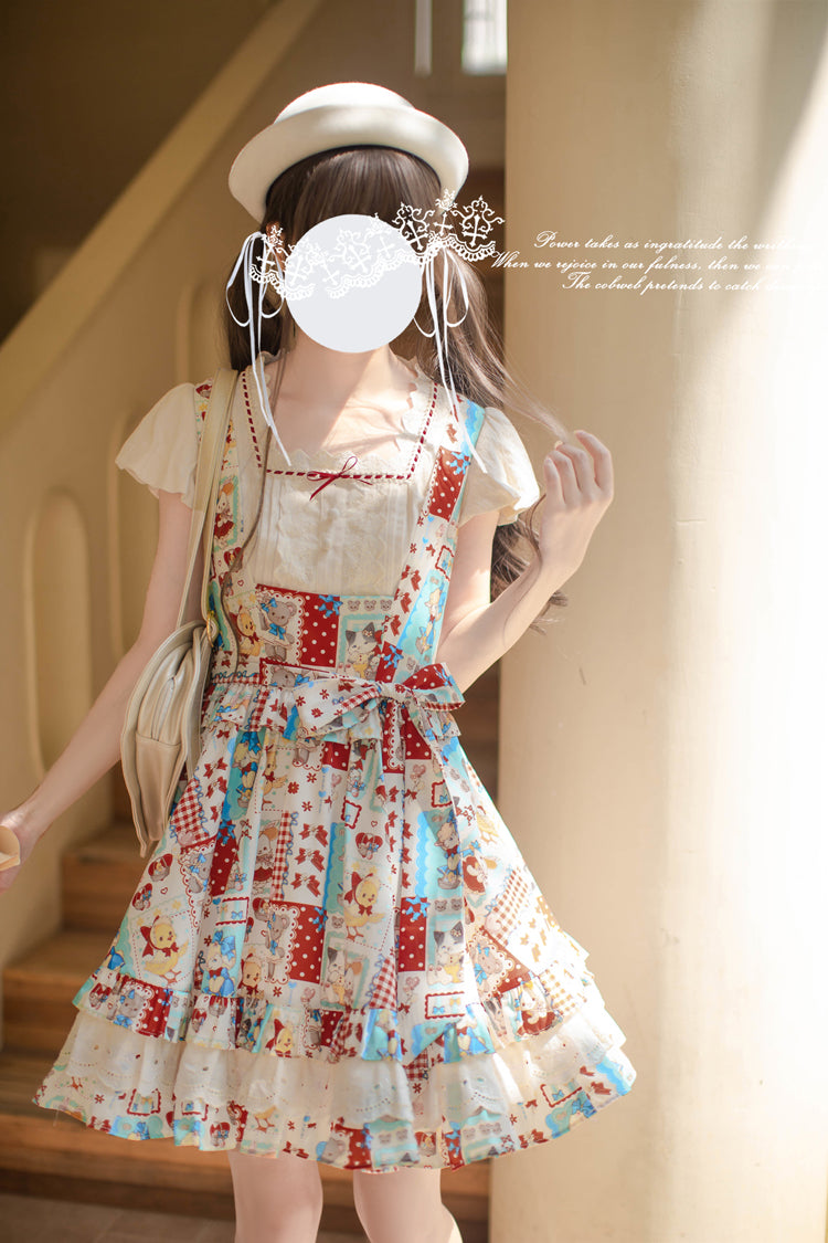 Multi-Color Linlang Painting Shop Sleeveless Multi-Layered Print Ruffle Sweet Vintage Lolita Jumper Dress