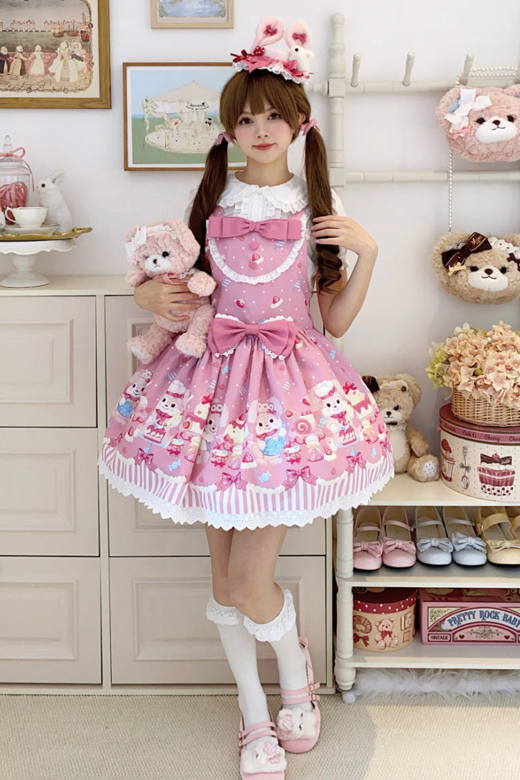 Pink Cupid Bunny Printed Sleeveless Bow Sweet Princess Lolita Strap Dress
