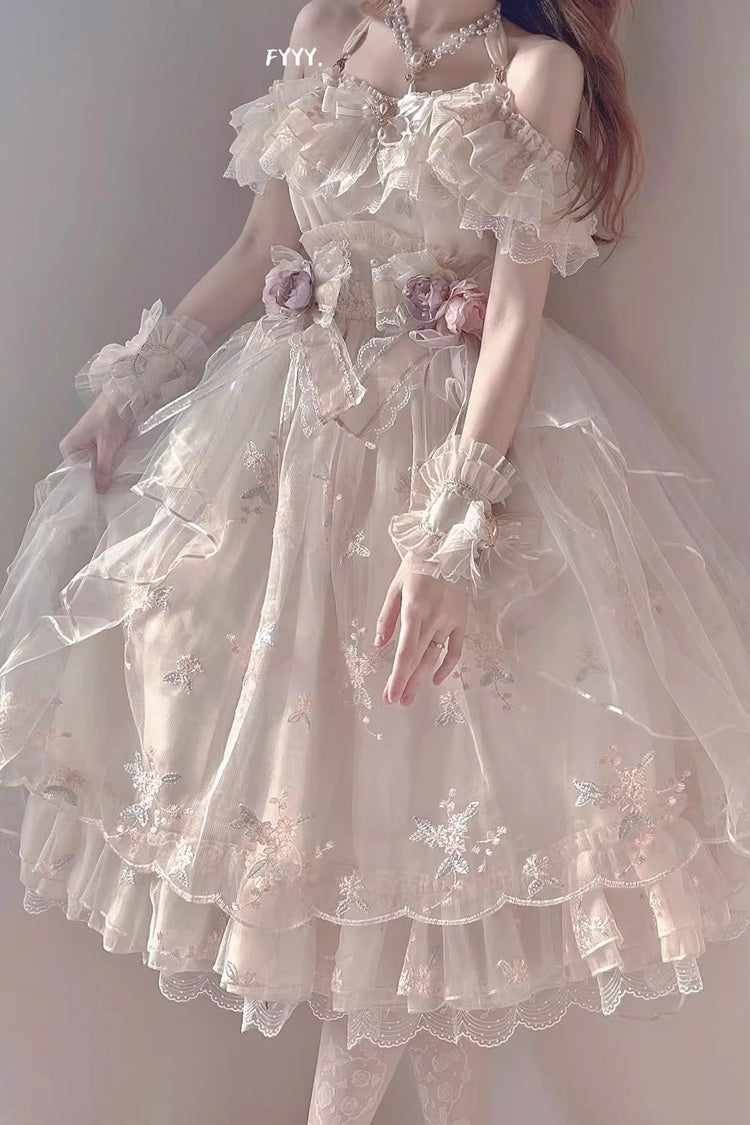 Ivory Short Sleeves Multi-layer Hanayome Bowknot Princess Gorgeous Sweet Lolita Strapless Dress Set