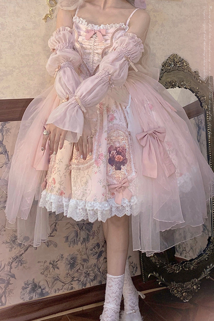 Pink Rose Window Print Ruffle Bowknot Lace Sweet Elegant Princess Lolita Jsk Dress