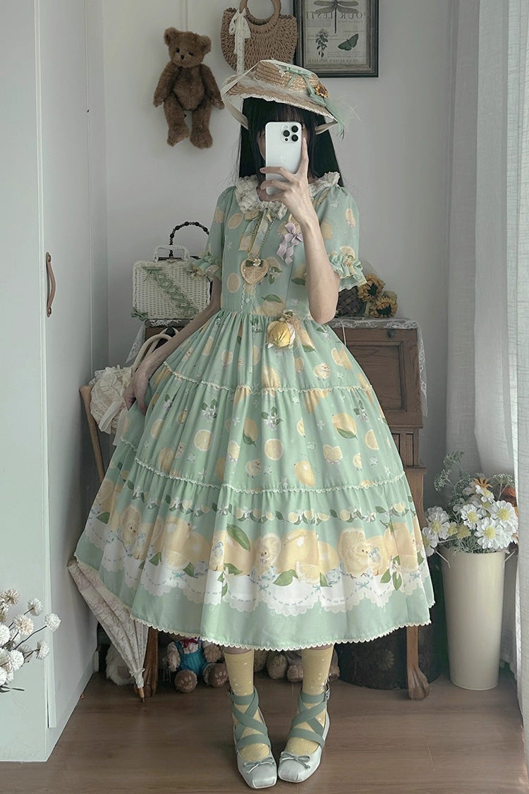 Green Lemon Chicken Short Sleeves Print Ruffle Bowknot Lace Daily Sweet Lolita Dress