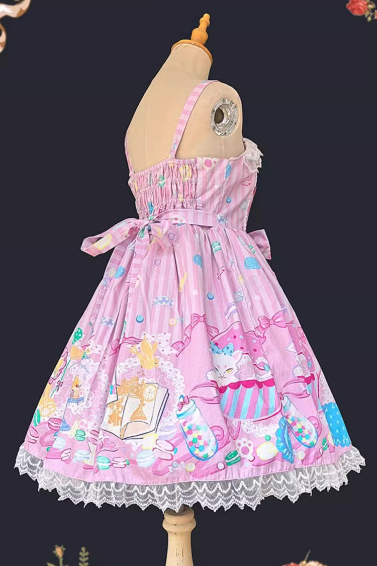 Macaron Dolly House Sleeveless Print Bowknot Lace-Up Sweet Lolita Jsk Dress 3 Colors