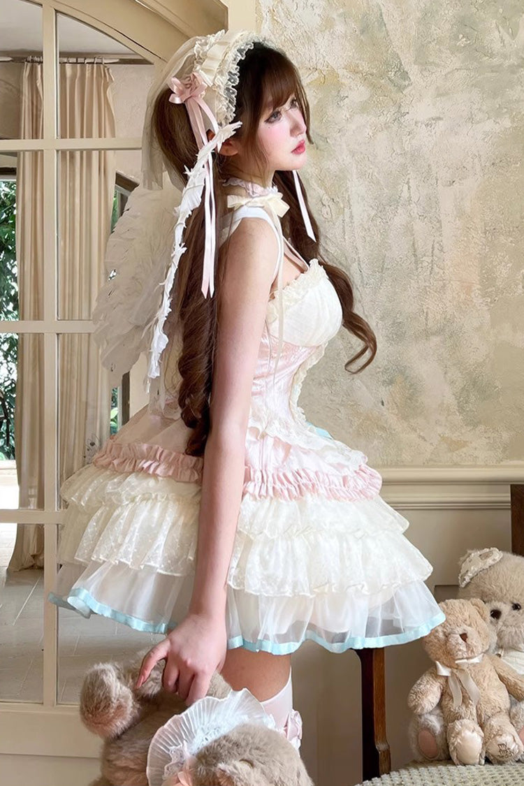 Pink/Beige Sweet Dream Peach Sleeveless Multi-Layered Ruffle Bowknot Lace Sweet Ballet Lolita Jsk Dress