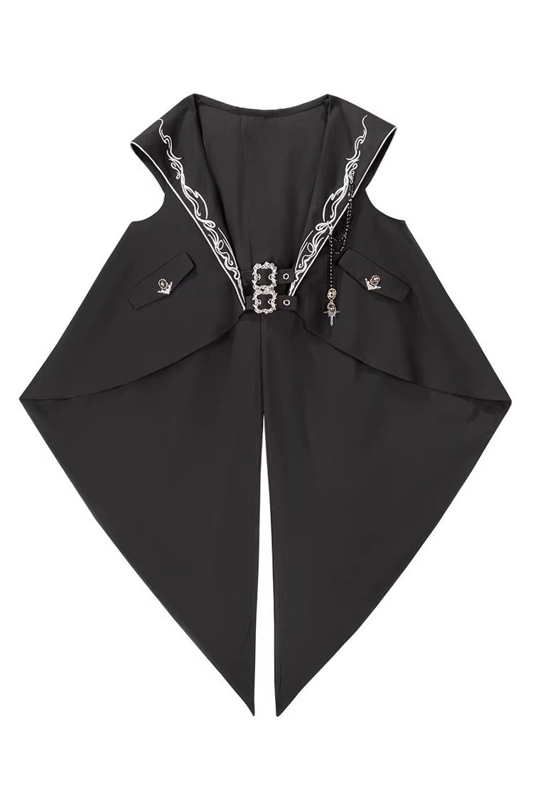 Black Rabbit-Ear Meteorite Stand Collar Long Sleeves Ruffled Embroidered Bow Gothic Ouji Lolita Shorts Vest Set