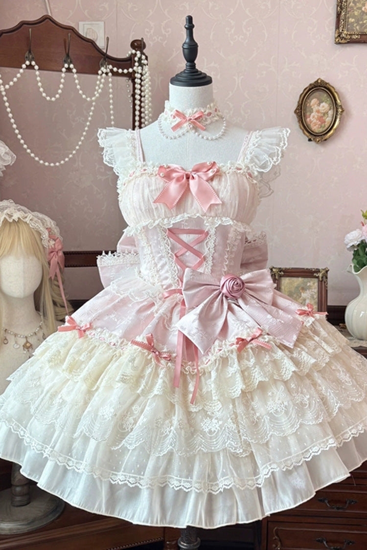 Pink Rose Canticle Sleeveless Multi-Layered Bowknot Lace Lace-Up Pearl Ballet Sweet Lolita Jsk Dress