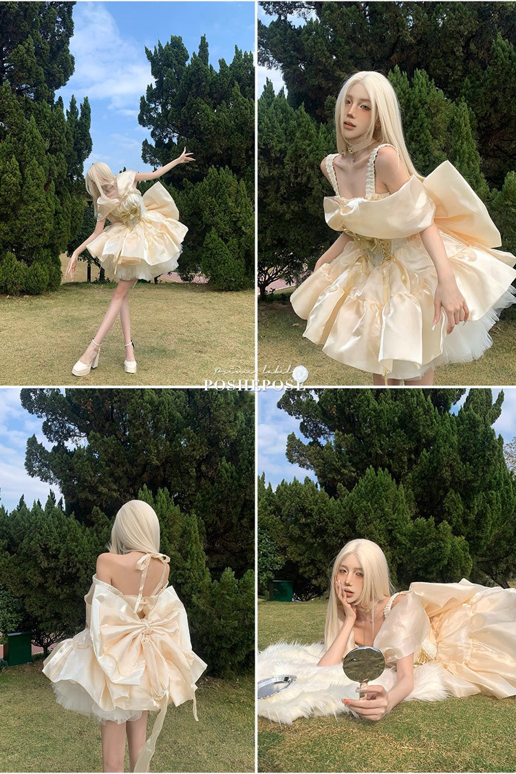 Gold Proxima Centauri Off Shoulder Ruffle Bowknot Sweet Princess Lolita Dress